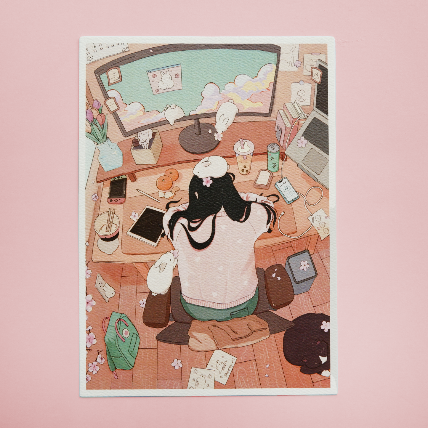 Girl in Room with Bunnies Print
